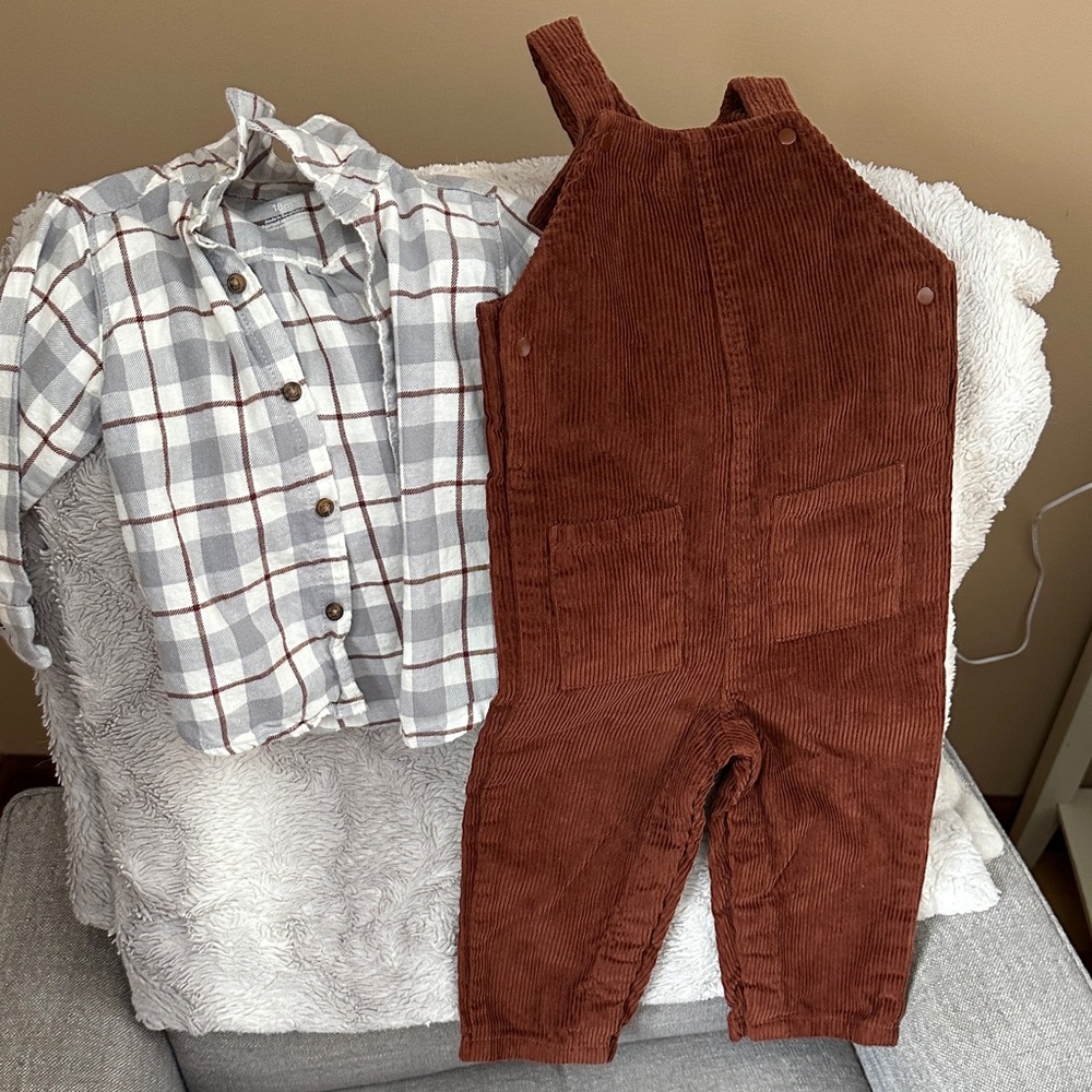 Carter's Rust Brown Corduroy Overalls with Plaid Button-Up